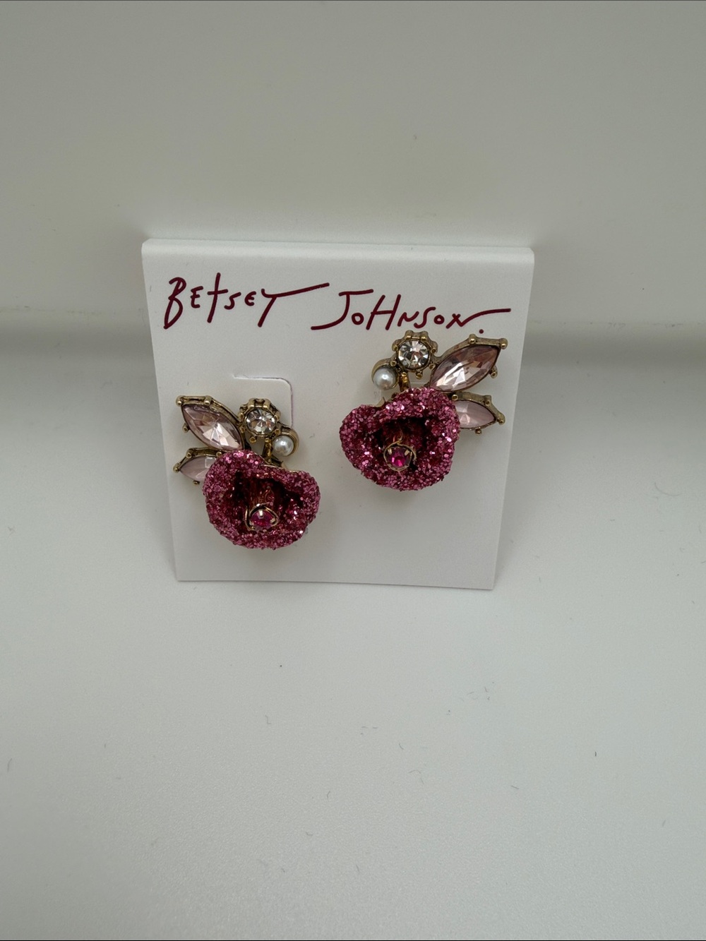 Betsey Johnson Sparkling Pink Floral Cluster Earrings with Crystal Accents
